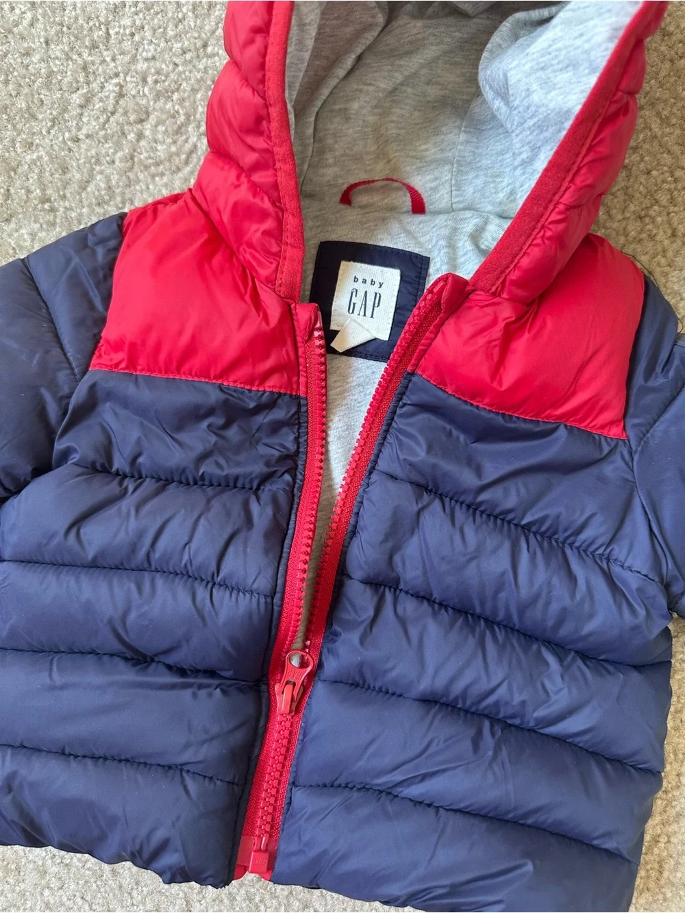 Baby GAP PrimaLoft Navy Red Hooded Puffer Jacket 6–12 Months